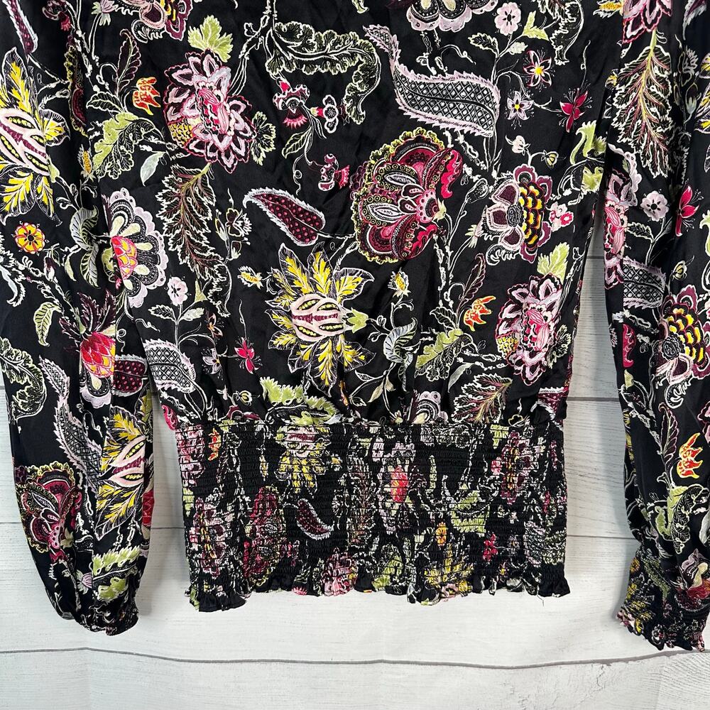 Cinq a Sept Women Small Black Silk Floral Paisley Smocked Peplum Blouse Top Boho - Picture 6 of 10